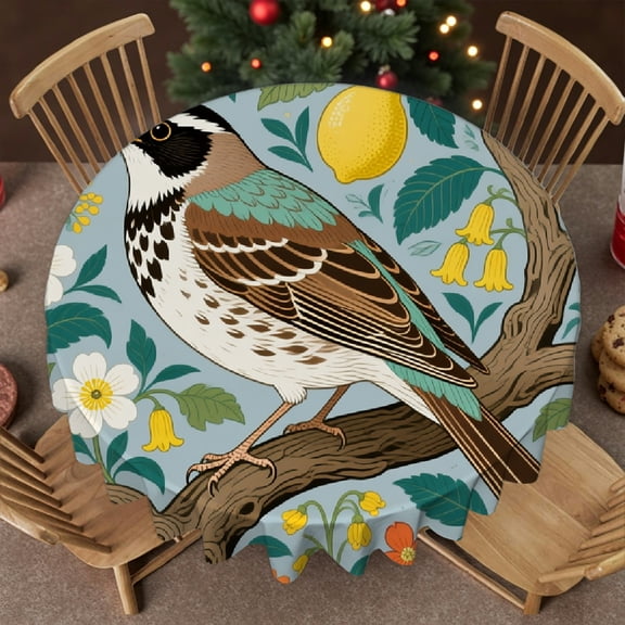 Tablecloth for dining table round - Lemon Bird Floral Print, Polyester Tablecloths Machine-Made tablecloth round, Cafe, picnic,60x60 Inch