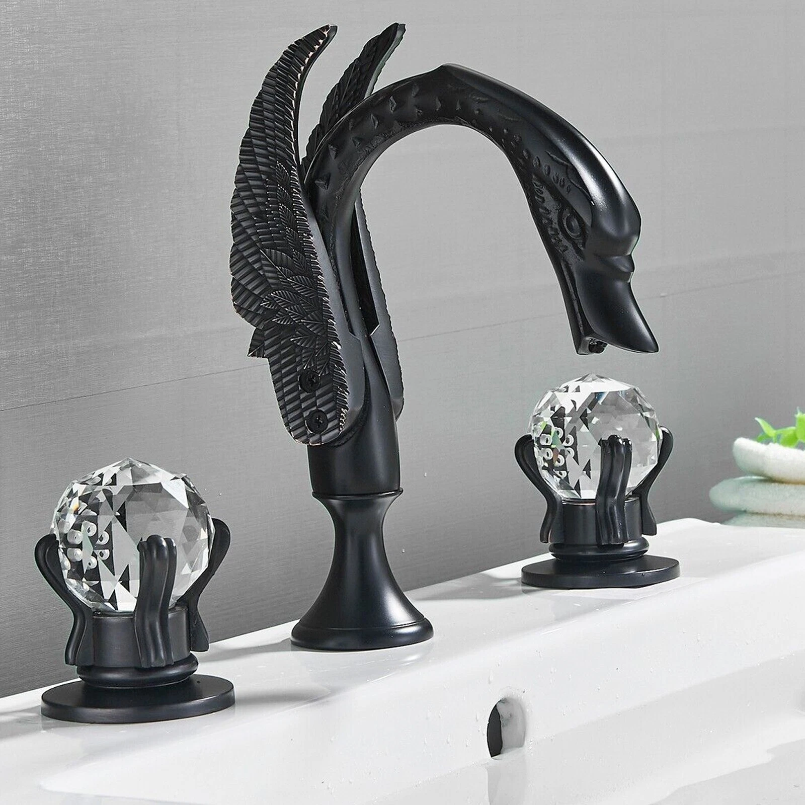Luxury Bathroom Faucet 8 in Widespread Black Swan Basin Faucet w/Crystal Handles