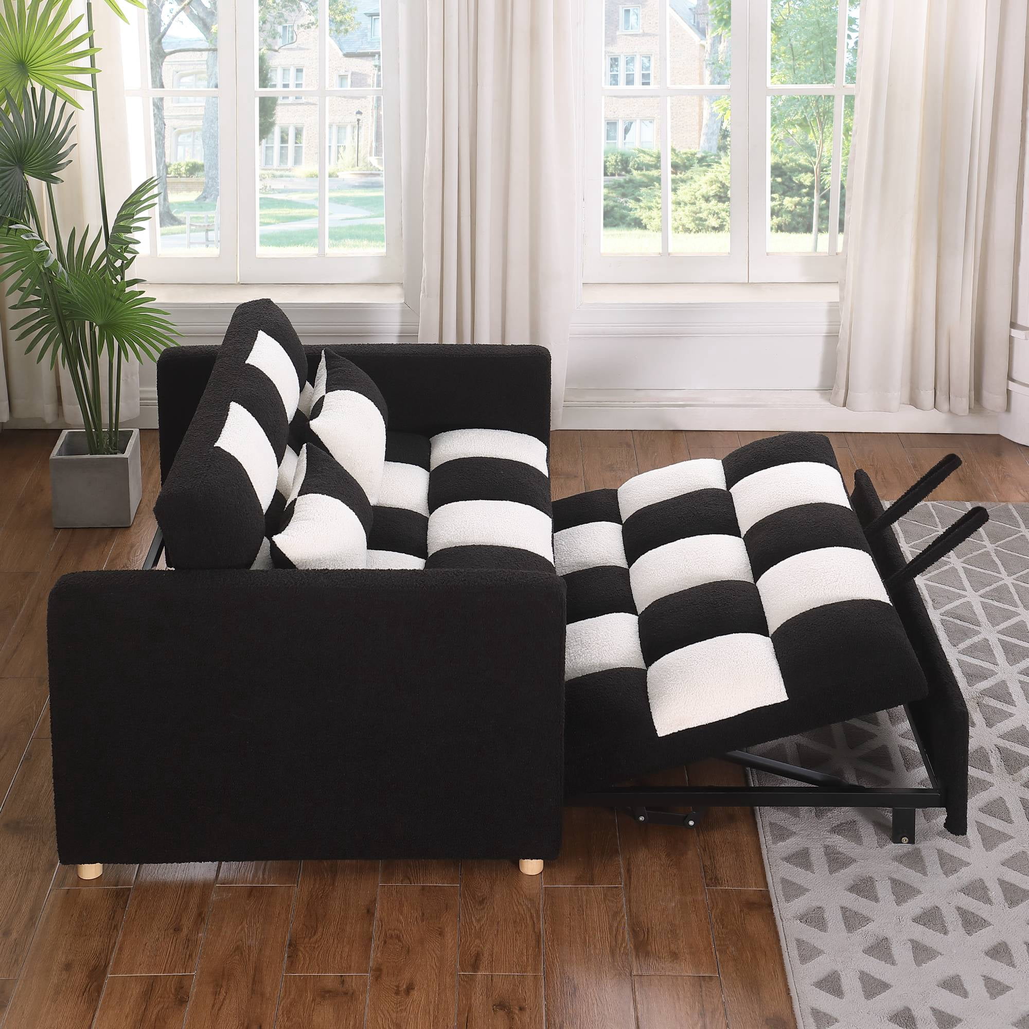 3 in 1 Convertible Pull Out Sofa Bed, Teddy Sleeper Sofa Couch with Adjustable Backrest, Loveseat with Pull Out Bed for Living Room, Black