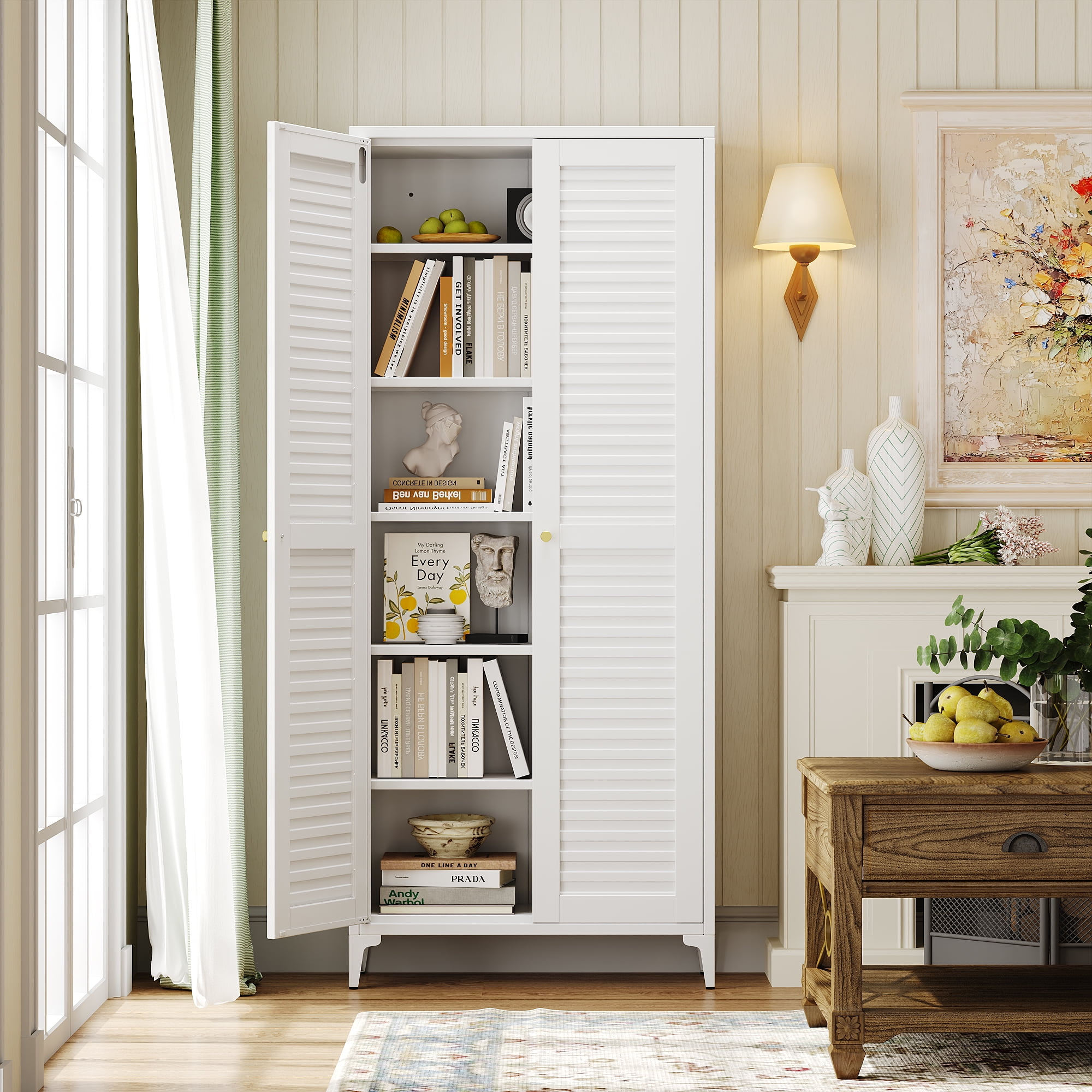 AOBABO Kitchen Pantry Storage Cabinet with 2 Doors,Metal Storage Cabinets with 5 Adjustable Shelves for Kitchen,White