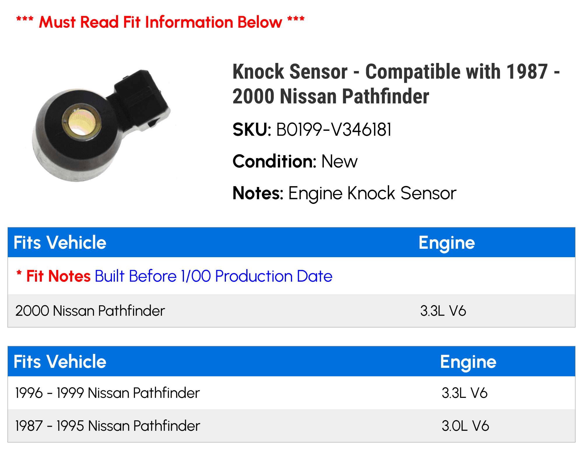 Knock Sensor - Compatible with 1987 - 2000 Nissan Pathfinder 1988 1989 1990 1991 1992 1993 1994 1995 1996 1997 1998 1999