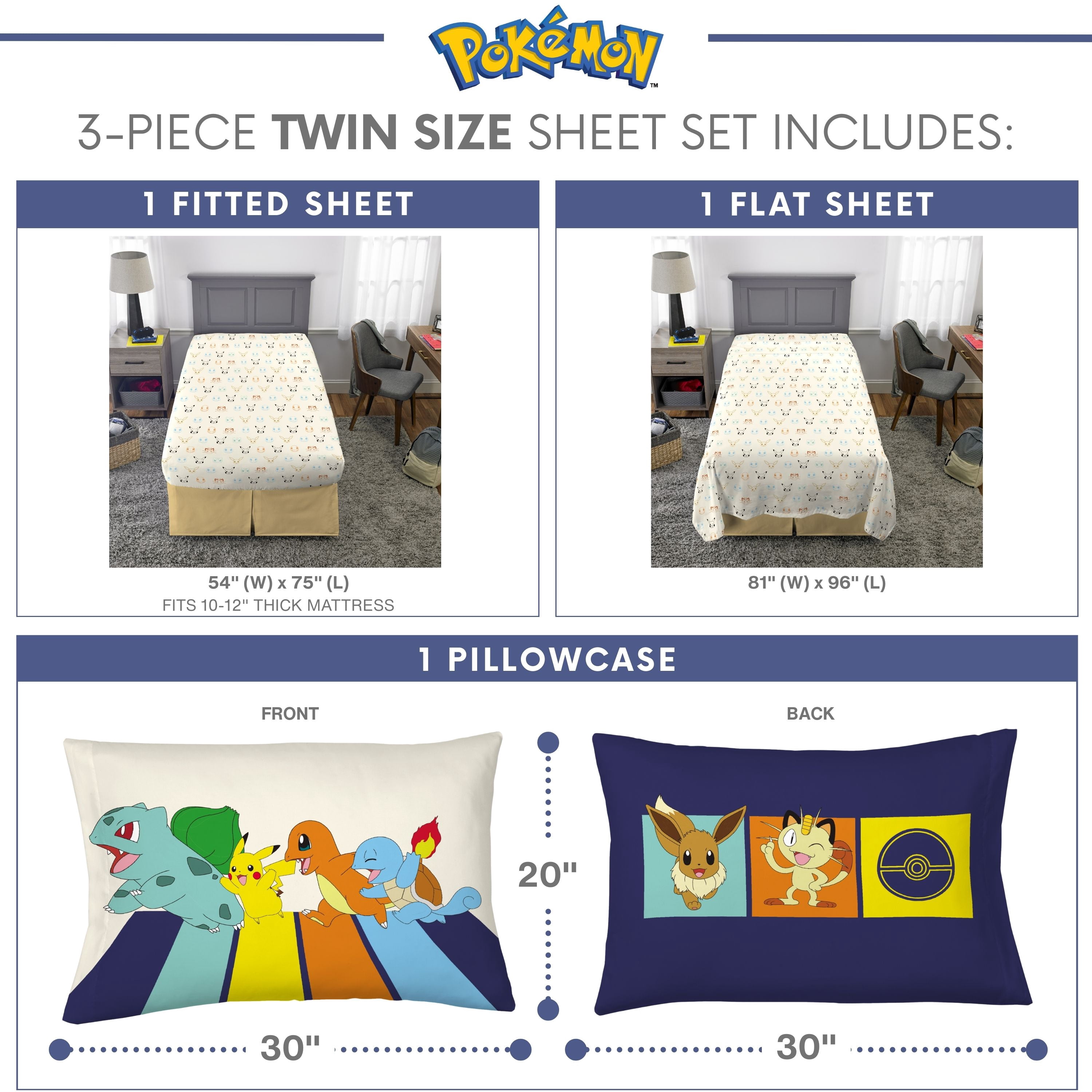 Pokemon Kids 3 Piece Sheet Set, Twin