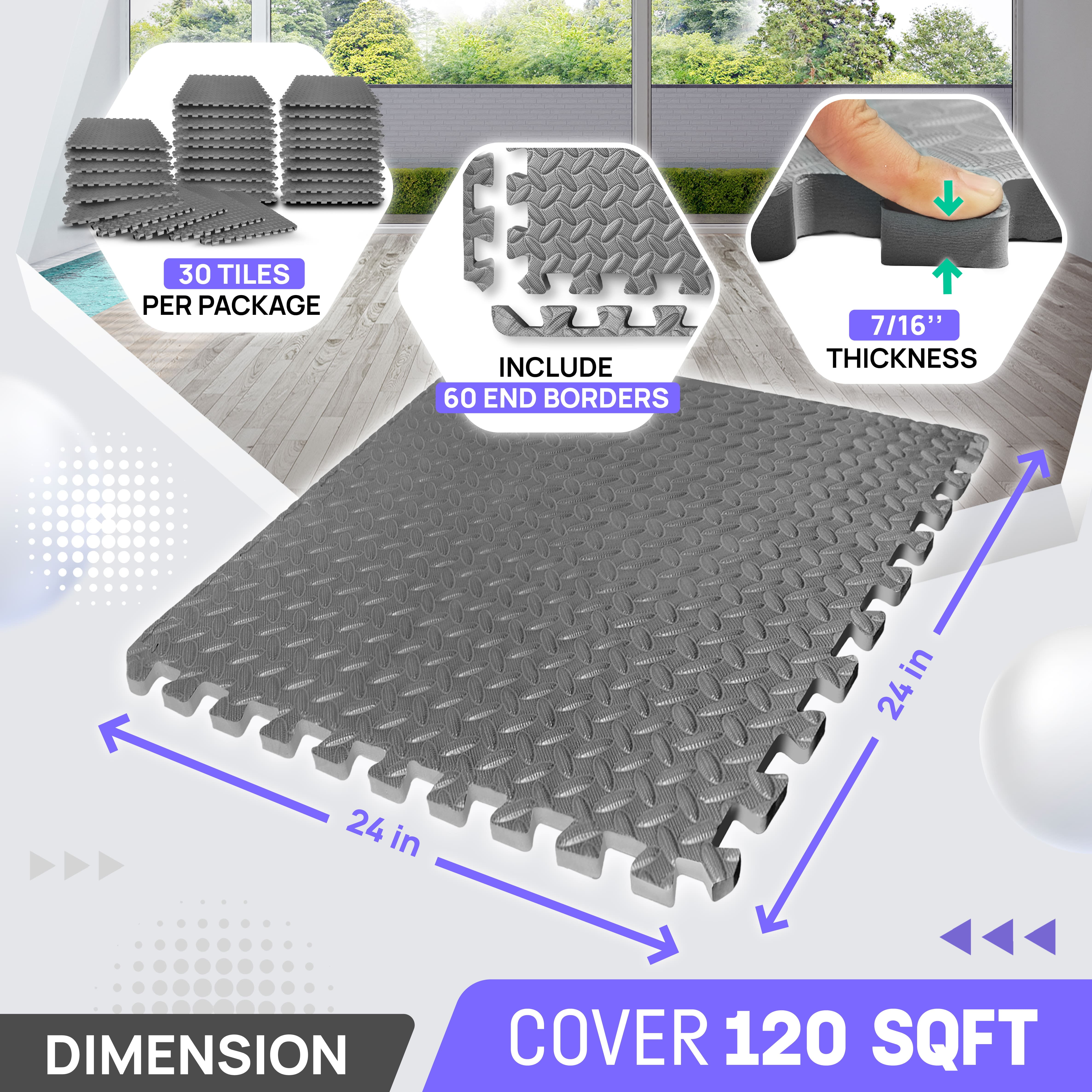Yes4All Gym Flooring for Home Gym, 120 SQ. FT Puzzle/Interlocking Exercise Mat, EVA Foam Floor Tiles Padding with Border, Gray