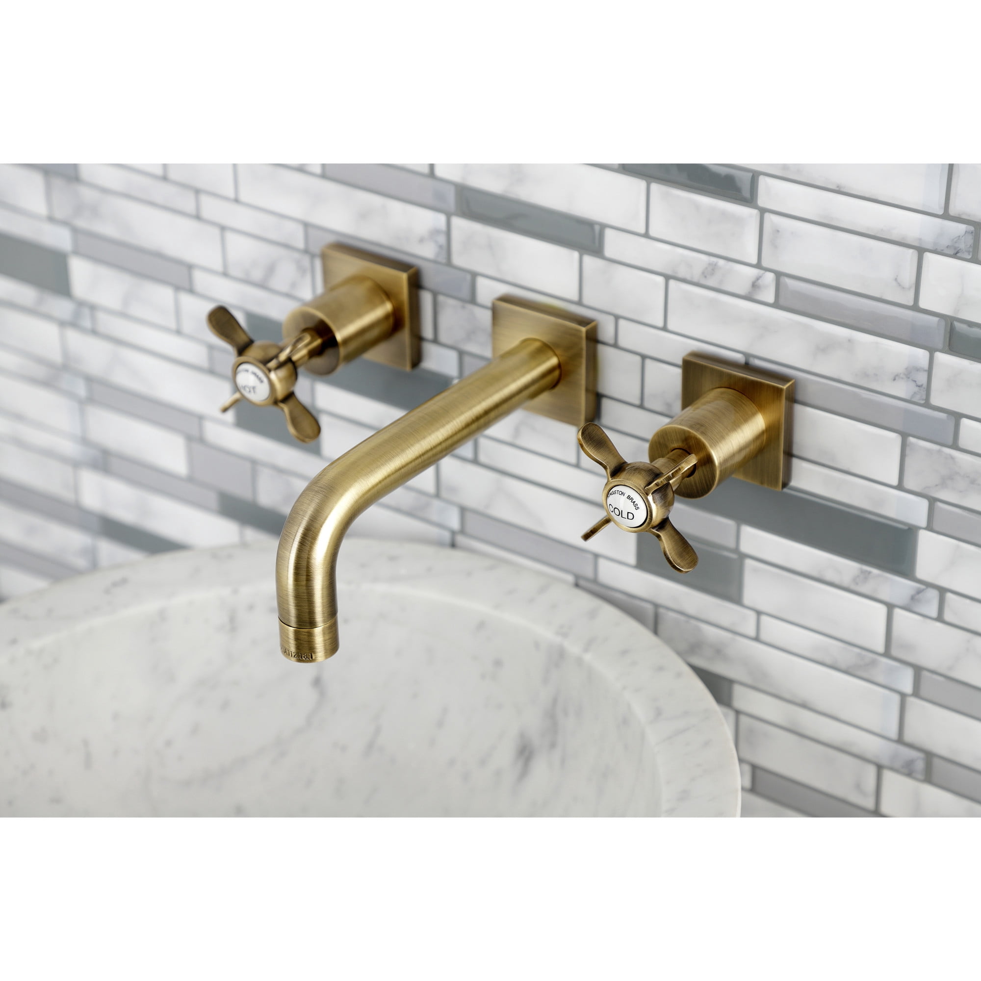 Kingston Brass KS6123BEX Essex Double-Handle Wall Mount Bathroom Faucet, Antique Brass