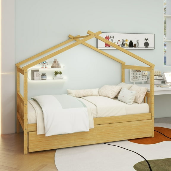 Twin Size Wooden House Bed with Drawers, Natural
