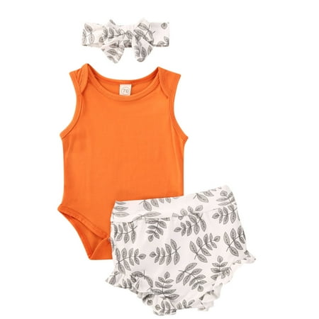

One Opening Newborn Baby Girls Boy Print Sleeveless Romper Tops Shorts Headband