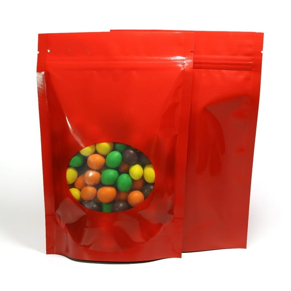 Double-Sided Matte/Glossy Color with Clear Round Window Stand-Up Pouch (4.7" x 7.1", Glossy Red | 200 Bags)