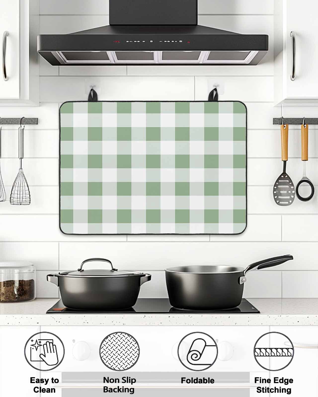 Stove Top Covers for Electric Stove, Sage Green Checkered Glass Stovetop Cover Protector, Green White Buffalo Plaid Induction Cooktop Protector Oven Mat for Kitchen Countertop 28.5"x20.5"