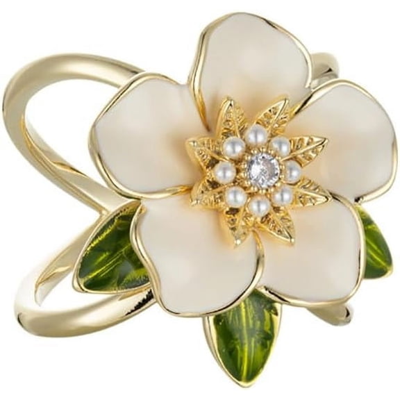 Elegant Gardenia Flower Scarf Ring for Women CZ Crystal Floral Silk Scarf Clip Scarves Buckle Shawl Brooch Statement Finger Ring Decoration Accessories