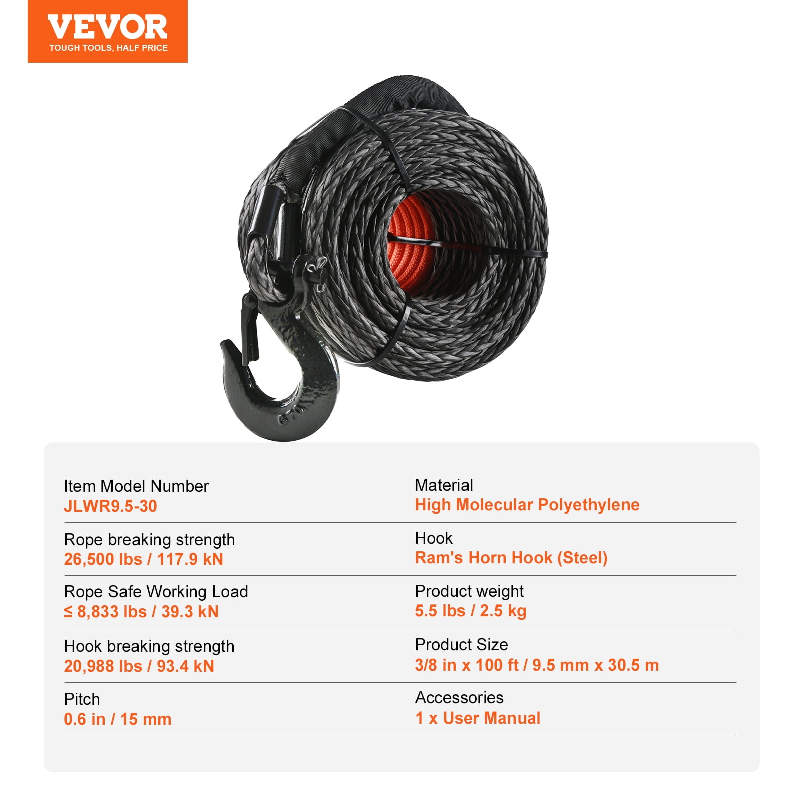KFFKFF Synthetic Winch Rope Winch Line Cable 3/8" x 100' 26500 lbs for SUV Truck