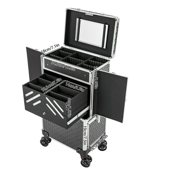 Autrinix Spacious Makeup Train Case on Wheels, Impact-Resistant Metal Cladding, Ergonomic Handle, Multiple Tiers for Cosmetics Storage, Ideal for Make-Up Artists and Beauty Enthusiasts