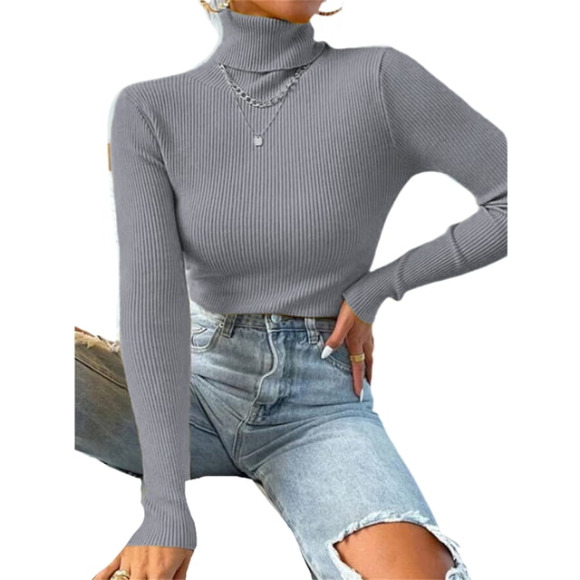 UKAP Women Knit Shirts Turtleneck Pullover Long Sleeve Tops Basic Work Sweater Grey S