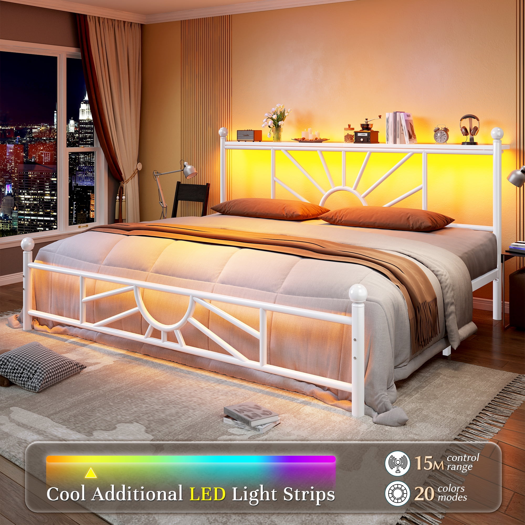 EnHomee King Size Metal Bed Frame with Vintage Headboard & Footboard Metal Platform Bed Frame King with LED Lights & Storage, Noise Free, White
