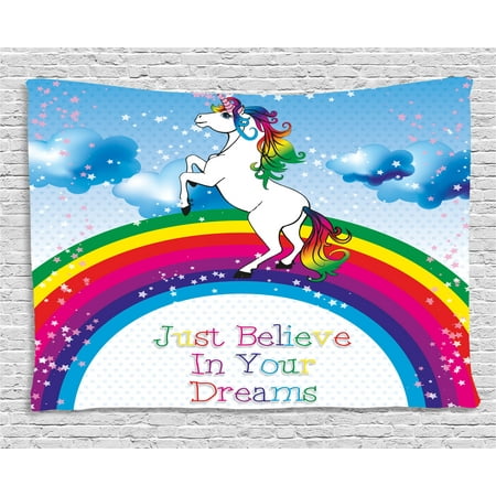 - Kids Tapestry, Unicorn Surreal Myth Creature before Rainbow Clouds Star Fantasy Girls Fairytale Image, Wall Hanging for Bedroom Living Room Dorm Decor, 60W X 40L Inches, Multicolor, by Ambesonne