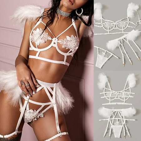 

Women s Sexy 3 Piece Bra and Panty Set Floral Lace Lingerie Set with Garter Belt Underwear Sets