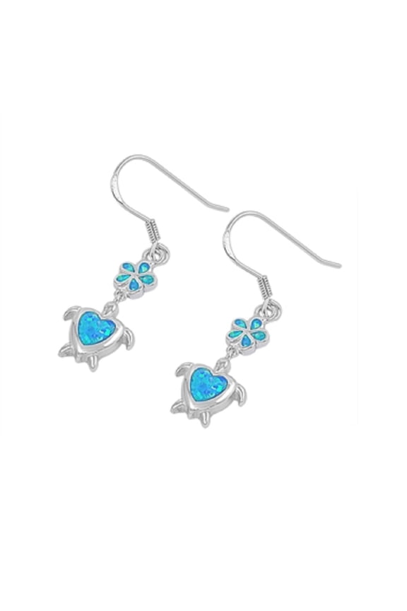 Flower Heart Sea Turtle Blue Simulated Opal Earrings Sterling Silver