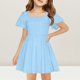 thumbnail image 2 of Girls' Summer Dress Kids 2025 Summer Dress Short Sleeve Square Neck Casual A-Line Dress for Kids in Soft Comfortable and Stylish ,Sie:120, 2 of 6
