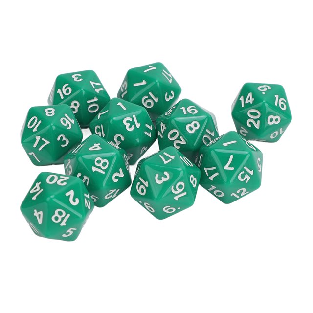 10-Pack Green 20-Sided Polyhedral Dice, Durable High-Strength Plastic Numbered Dice (1-20) with Clear Large Numbers - Ideal Math Teaching Aids for Classroom, Fun Game Supplies for Parties, Friend
