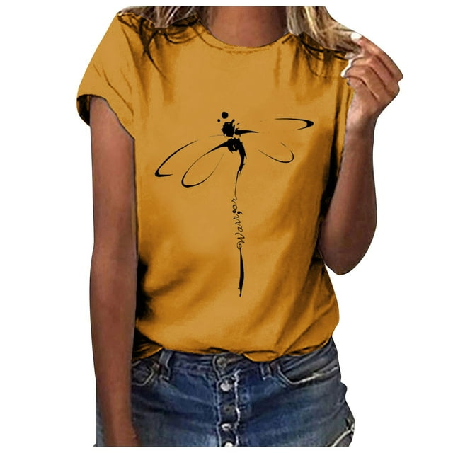 Fgnfyis Hauts pour Femmes T-Shirt Décontracté à Lettres Col Rond Manches Courtes Tunique T-Shirts pour Femmes Jaune#2 TG