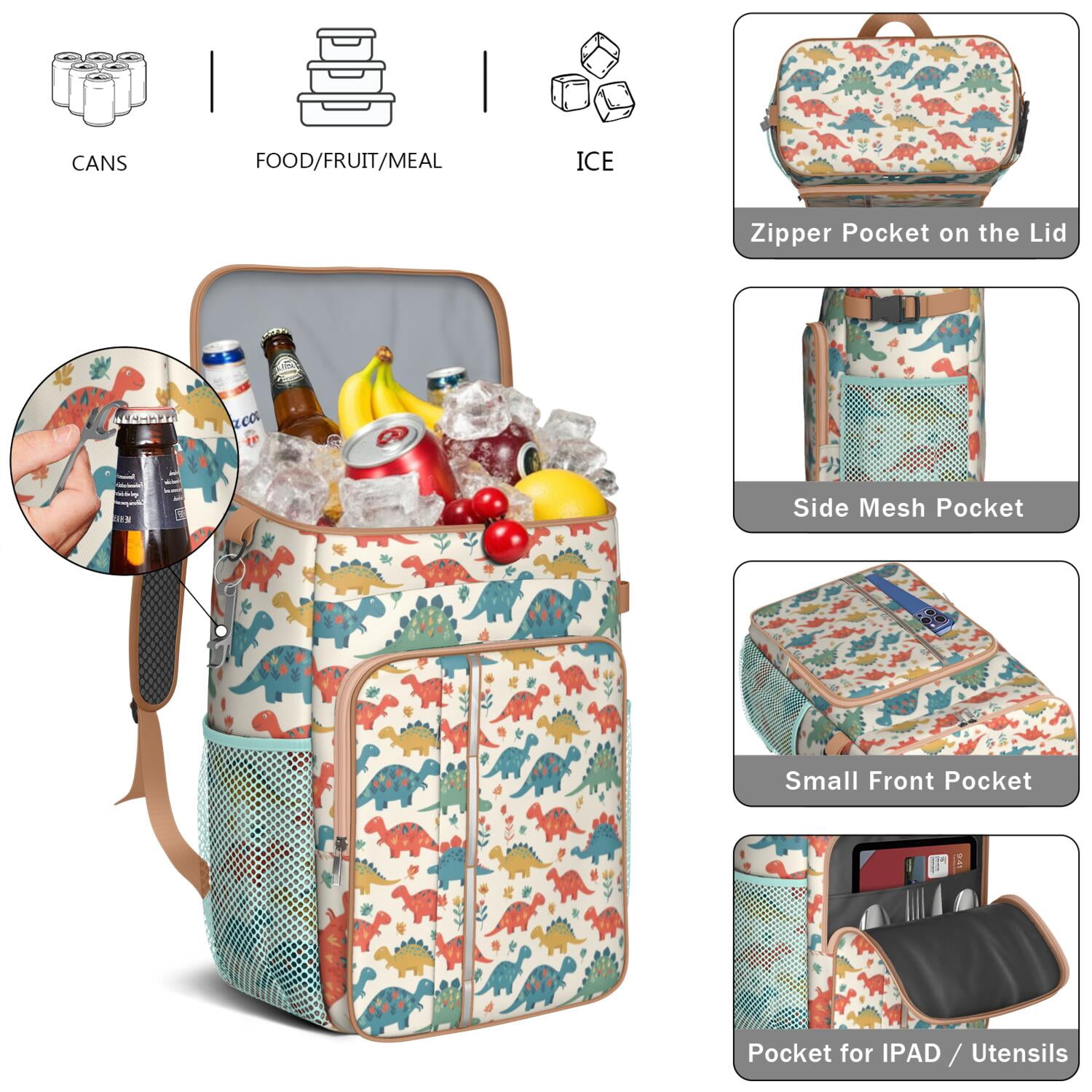Travel Cooler Bag - Beige Cartoon Dinosaurs Flowers Pattern Camping Beer Cooler Backpack with Bottle Opener- Waterproof Insulated Picnic Backpacks - Cooler Bag for Beach