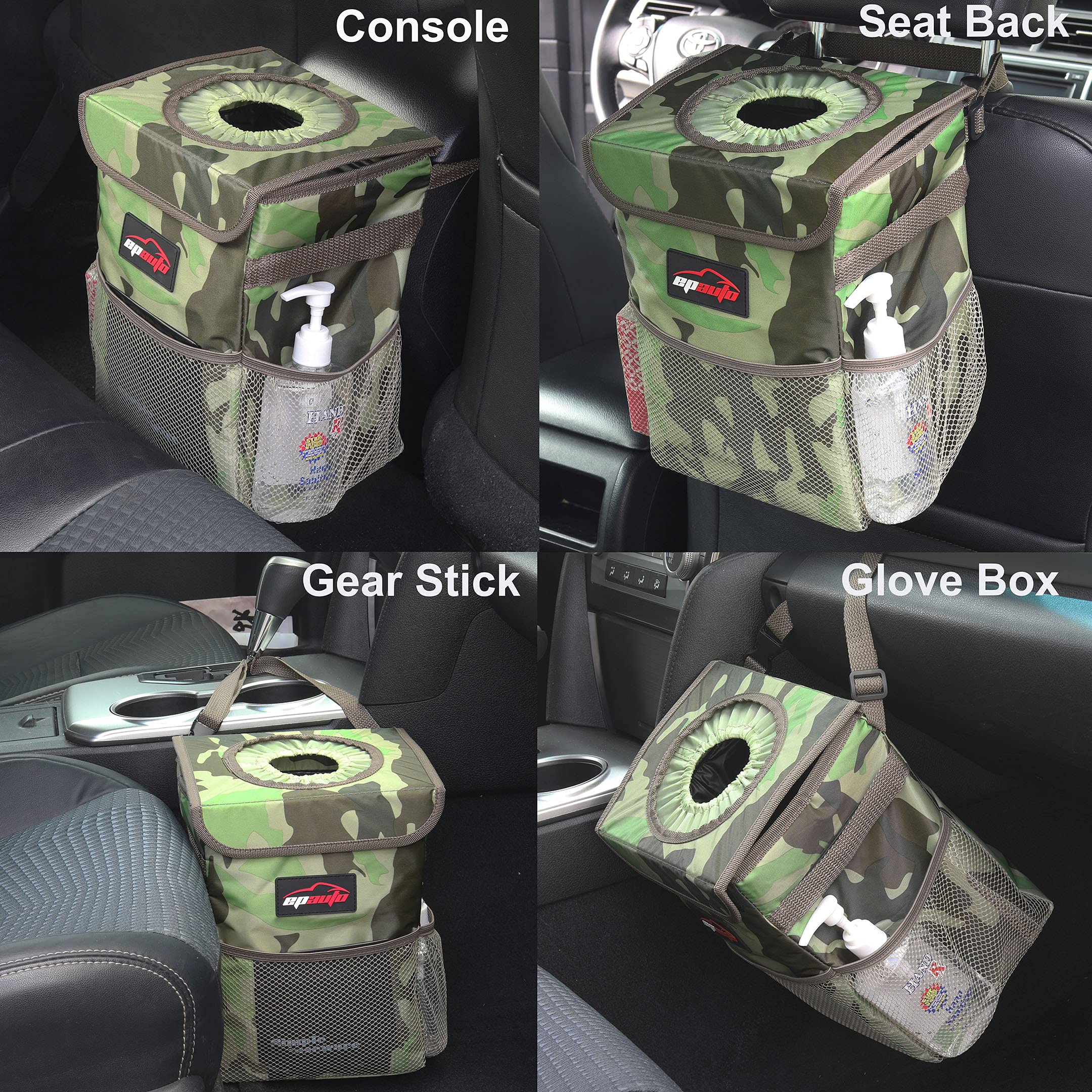 EPAuto Waterproof Car Trash Can with Lid and Pockets, Camouflage Green 