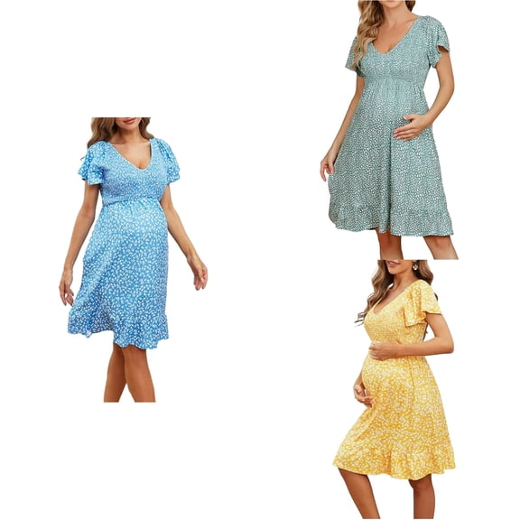 Abtuhar Summer Dresses for Maternity,Beach Dresses for Pregnant Women,Maternity Holiday Dress Loose Casual Short Sleeve Round Neck Dress,Yellow,M