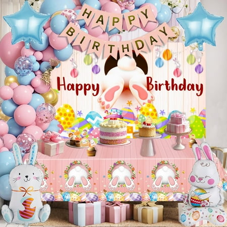 Easter Themed Happy Birthday Party Decorations, Rabbit Egg Backdrop Tablecloth, Happy Birthday Banner, Bunny Foil Confetti Balloons, Cake Topper, Colorful Latex Balloons for Boys Girls