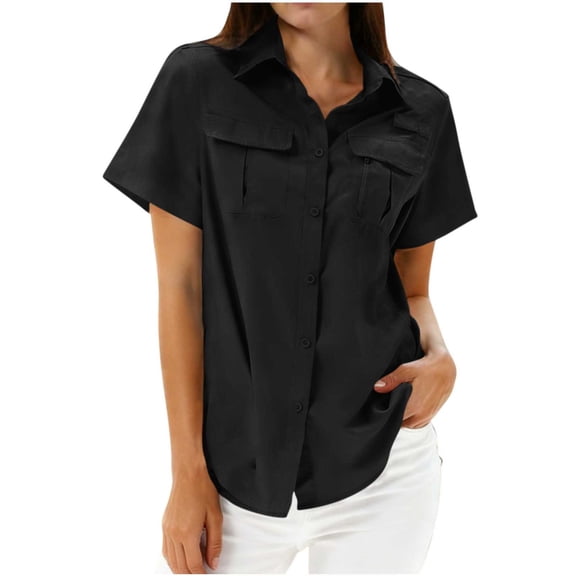 Htigea Women's Button Down T-Shirts Short Sleeve Dressy Blouses Solid Color Lapel V-Neck Work Tees with Pocket Black S