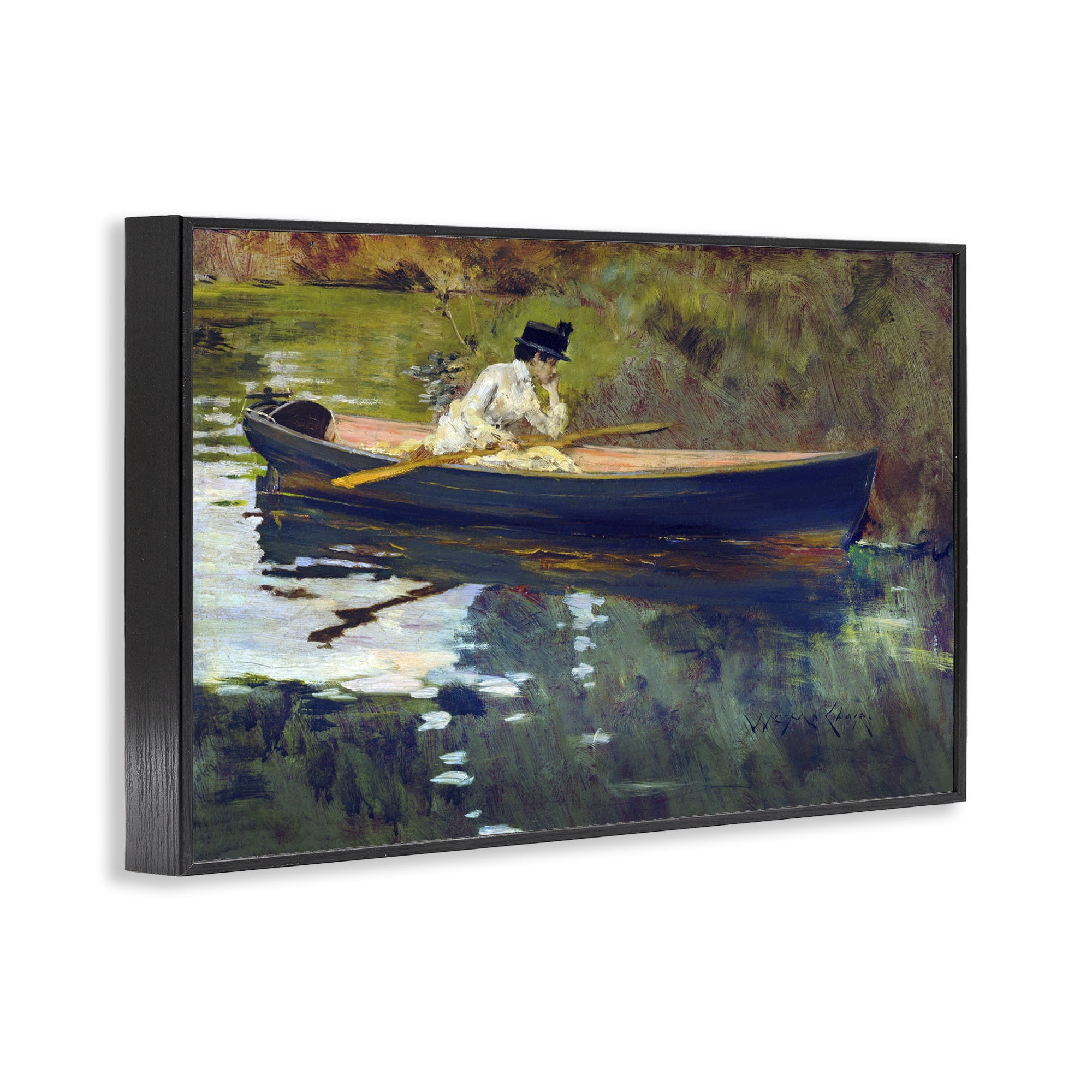 Stupell Industries Thoughtful Woman on Canoe Novelty Painting Black Framed Art Print Wall Art, 24 x 16