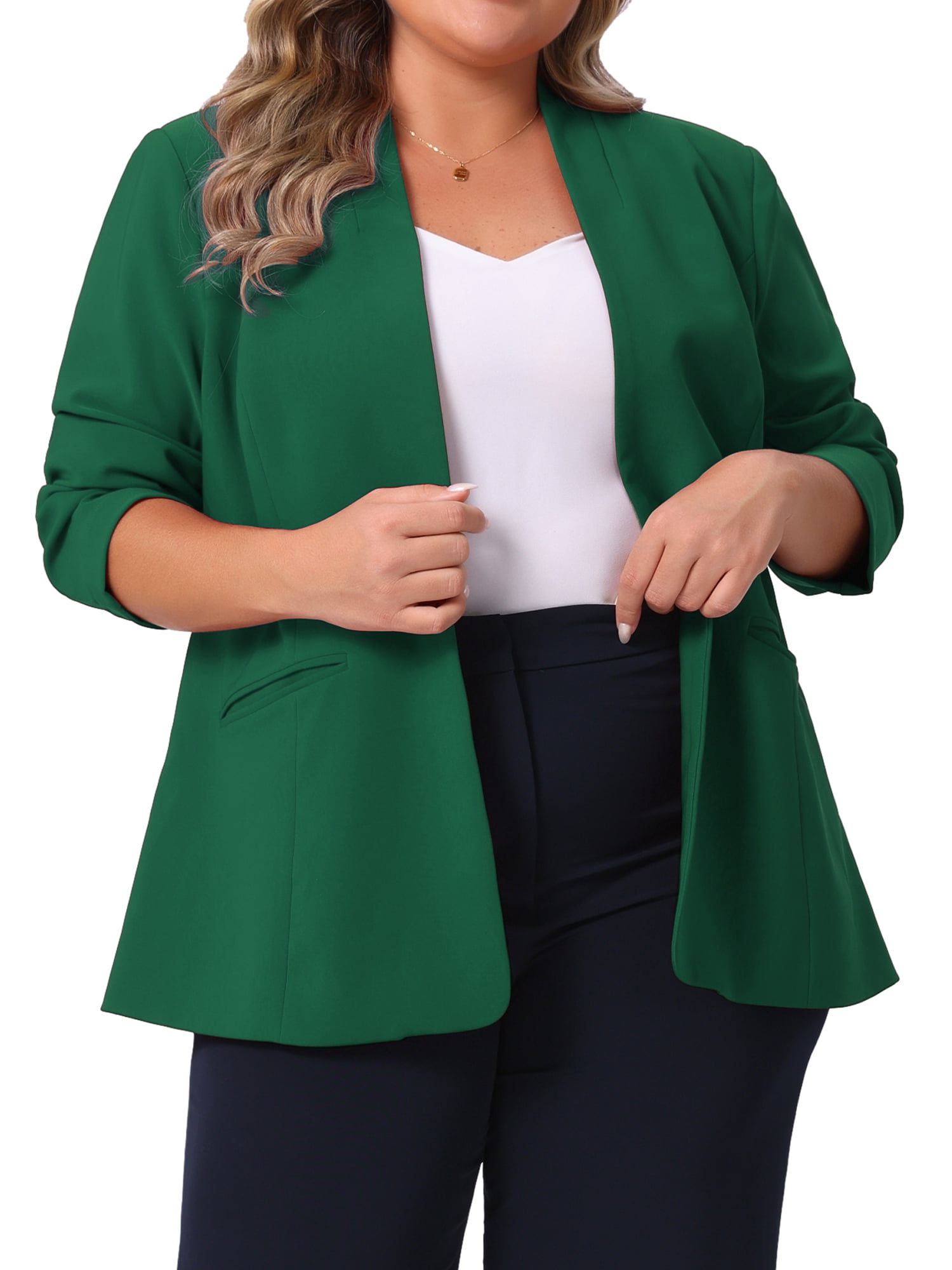 DARING DIVA Women's Plus Blazer Business Open Front Work Office Jacket 1X Dark Green