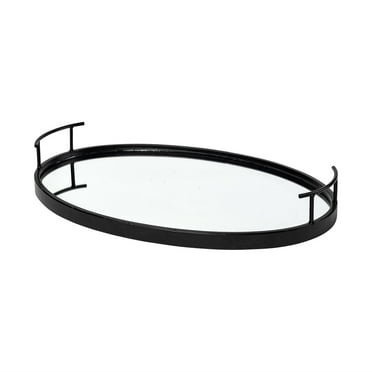 HomeRoots 376055 Matte Black Metal with Two Handle Both Sides & Mirrored Glass Bottom Tray