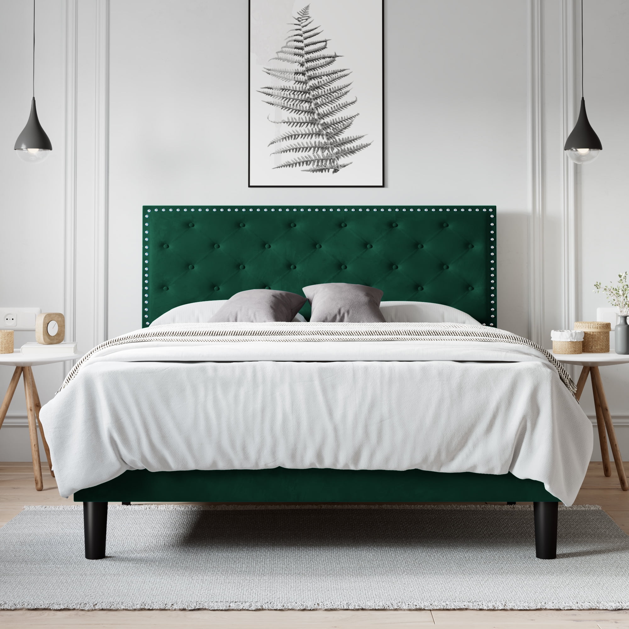 Allewie Full Size Bed Frame, Velvet Upholstered Platform Bed With ...