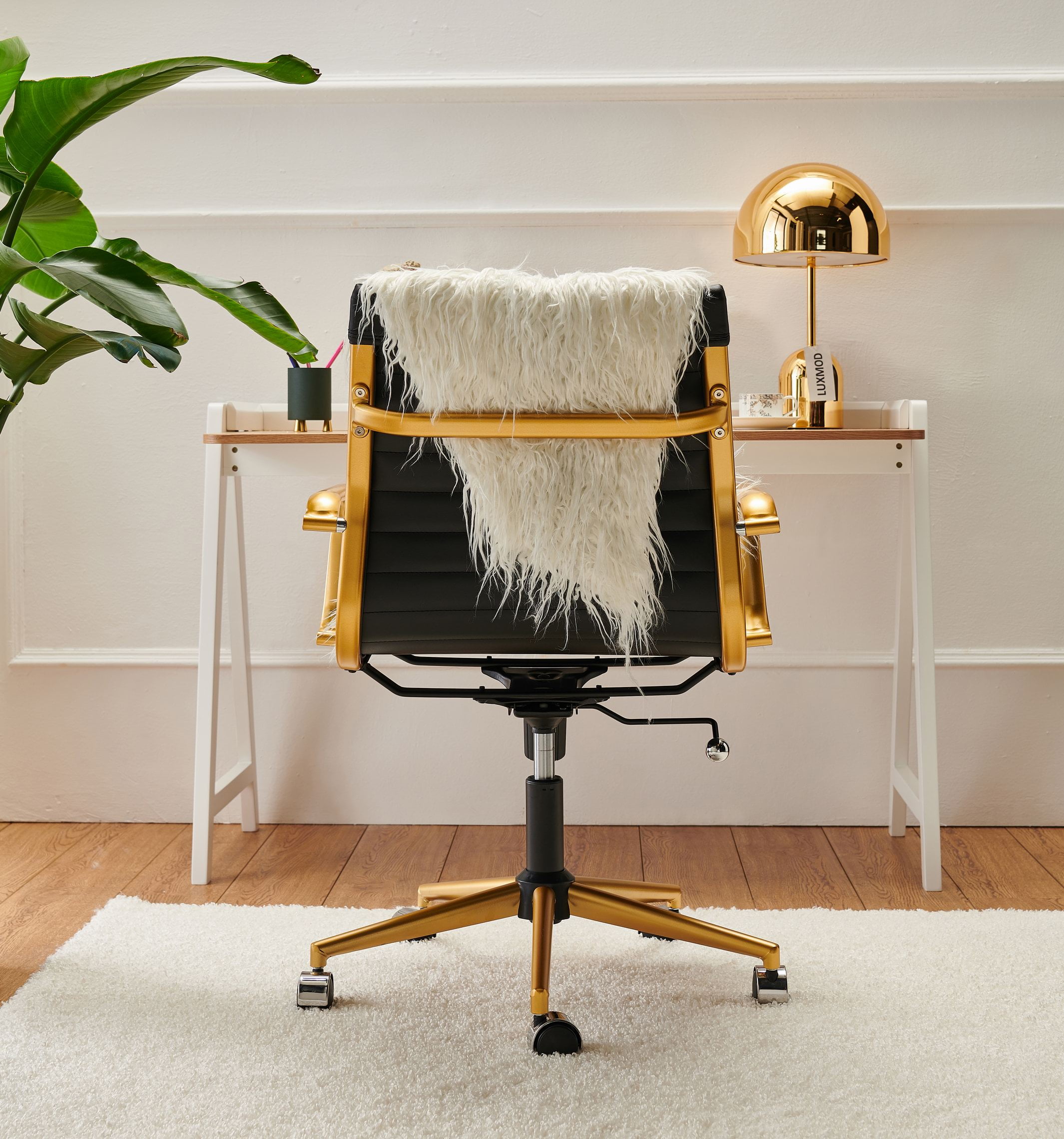 LUXMOD Gold Office Chair in Black Leather, Mid Back Office
