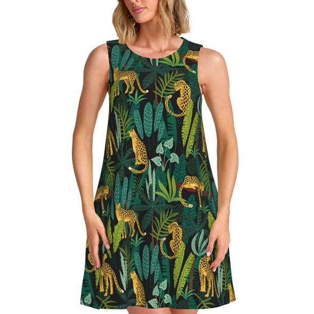 Fotbe Jungle Leopard Yellow Vestido de Verano sin Mangas para Mujer – Vestido Midi Línea A, Estilo Camiseta Floral, Vestido Playero Casual y Fluido