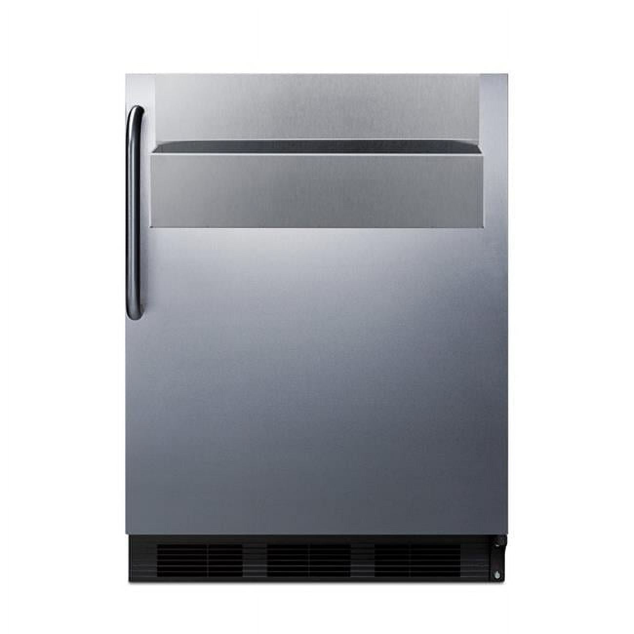 Commercially listed all-refrigerator with stainless steel door, removable speed rail, towel bar handle, and automatic defrost