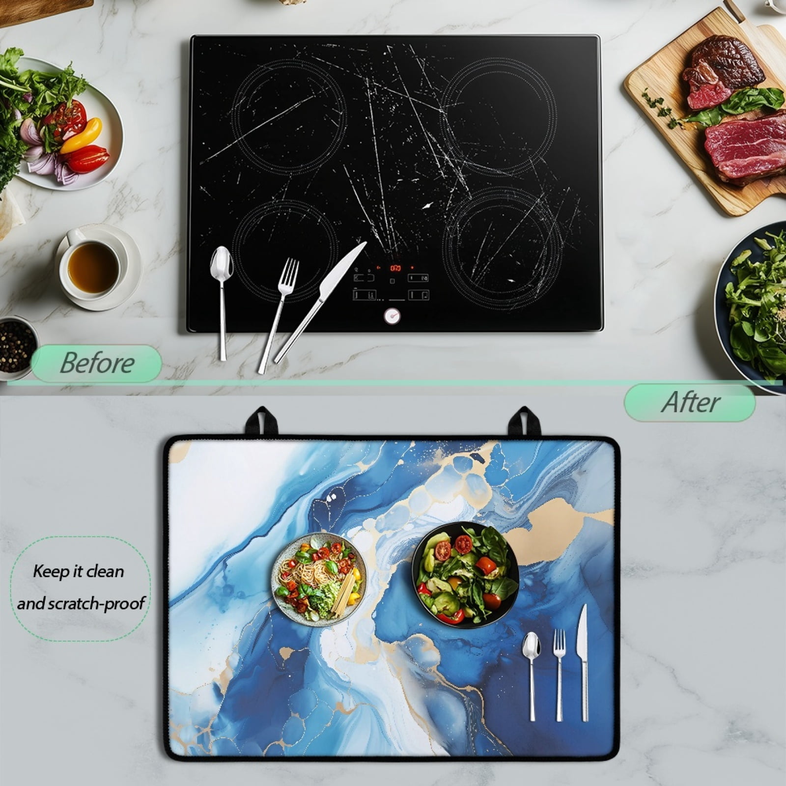Renewold Glass Stove Cover Stovetop Protector Cover Foldable Electric Stove Top Protector Prevent Scratching Washer Dryer Top Cover for Home Decor, Blue White Marble