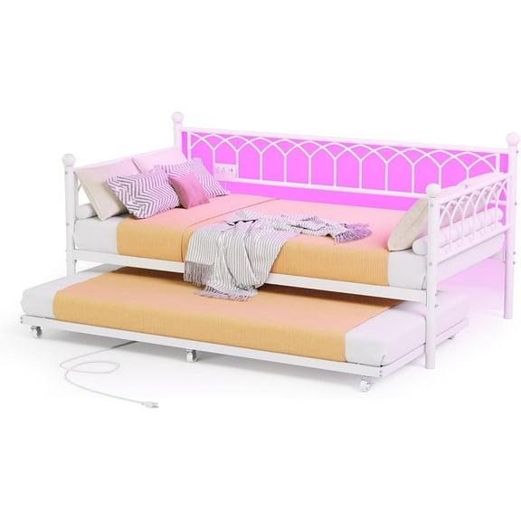 ChaoLink Twin Bed Frame Daybed with Trundle, Metal Day Bed Frame with LED Lights & Charging Station, Pull-Out Trundle Bed with USB Ports for Bedroom, Living Room, Guest Room, Small Spaces, White