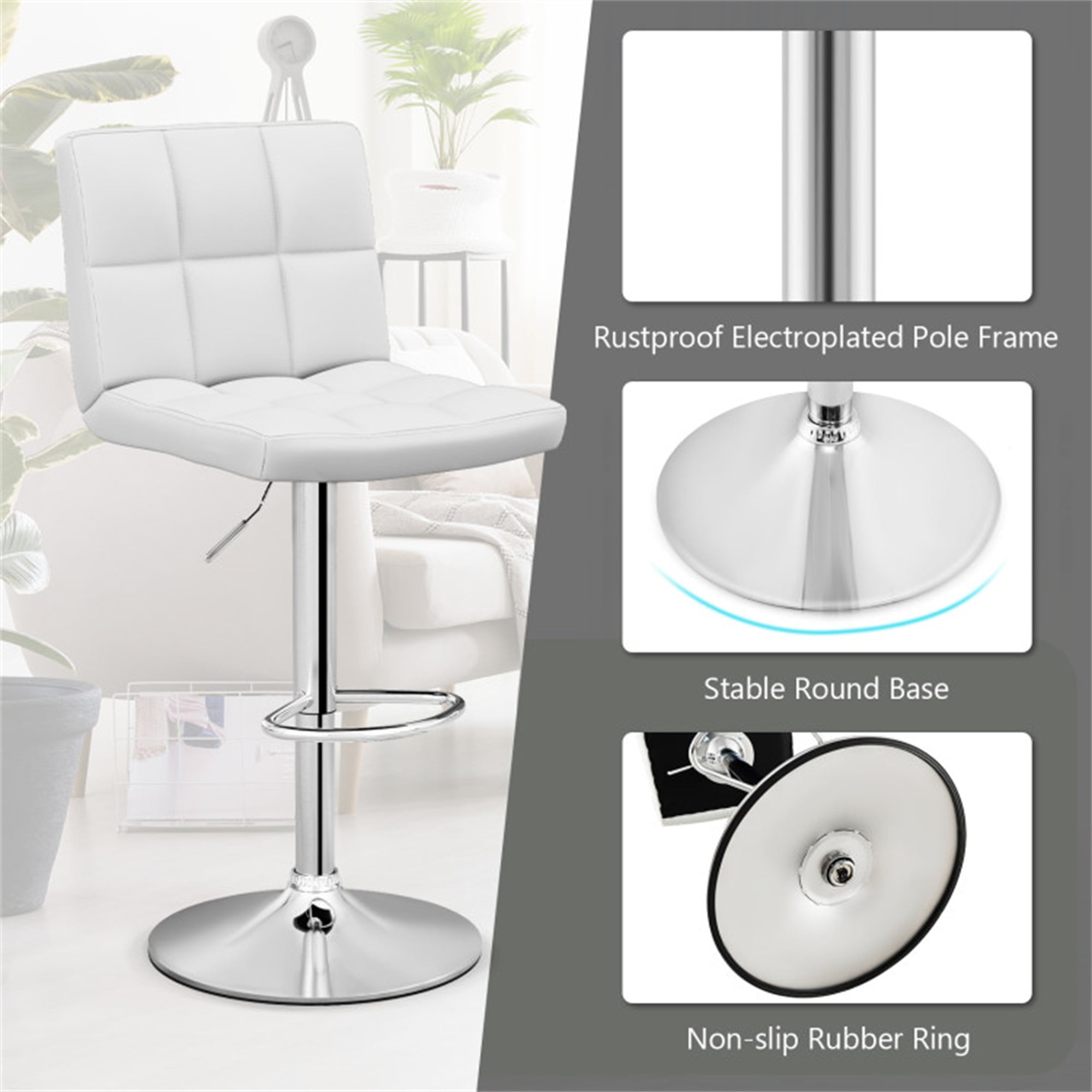 Demi Bonn Armless PU Leather Bar Stool with Adjustable Height and Swivel Seat, Modern Dining Chair with Backrests, White
