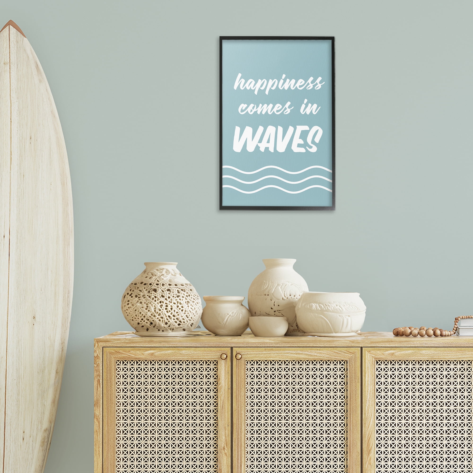 Stupell Industries Happiness In Waves Typography Painting Black Framed Art Print Wall Art, 16 x 24