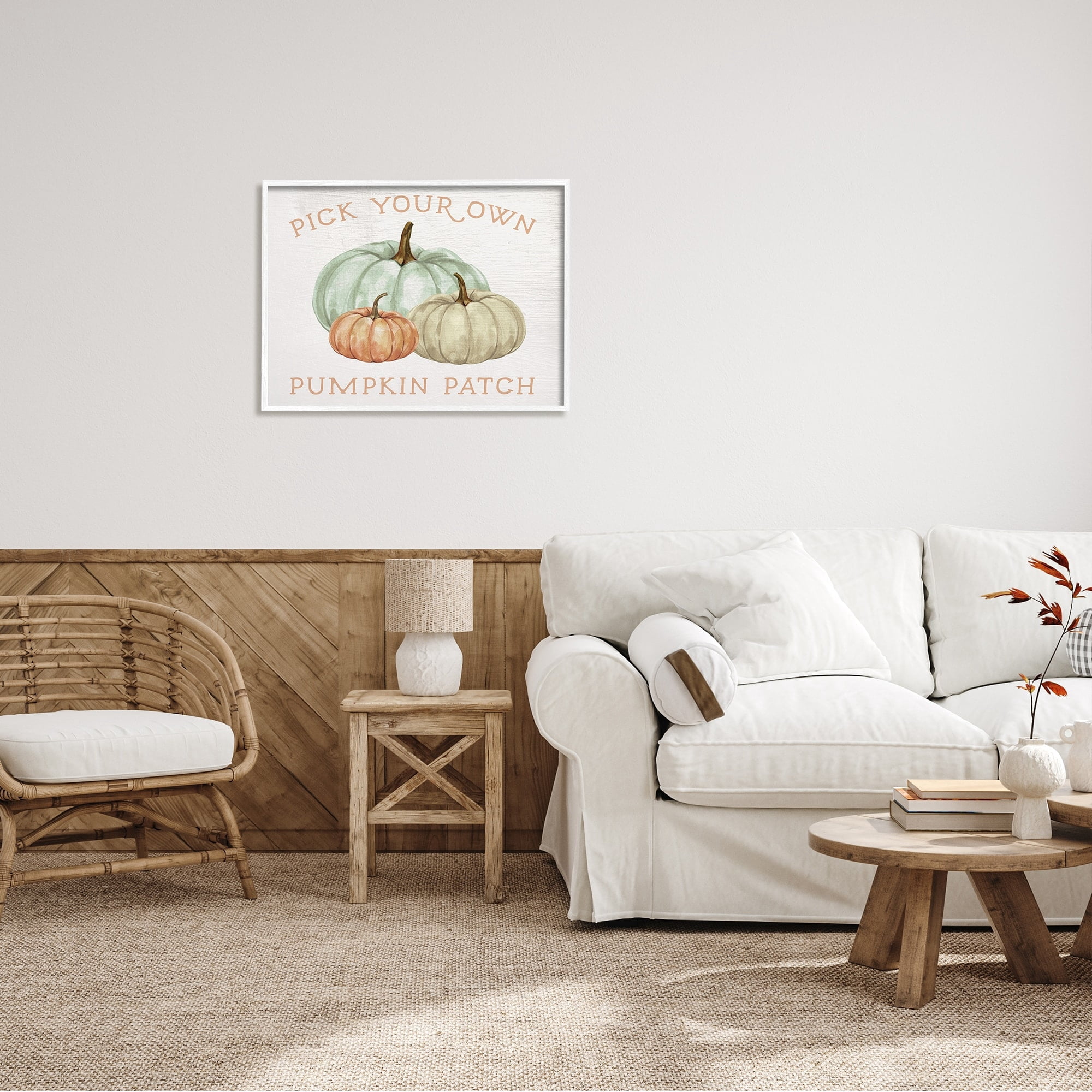 Stupell Industries Pick Your Own Pumpkin Patch Sign Gourd Trio Graphic Art White Framed Art Print Wall Art, 30x24, by Daphne Polselli