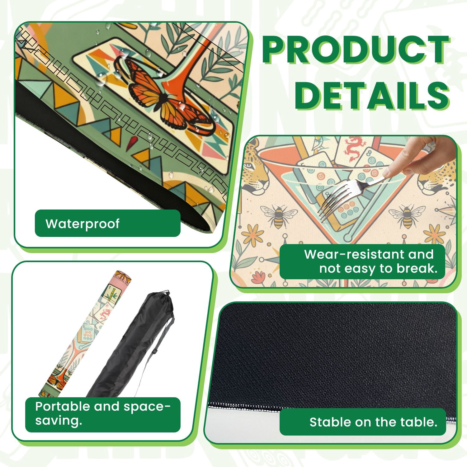 Mahjong Mat 31.5" x 31.5" Mid Century Modern Martini Glass Tigers Mahjong Tiles Floral Accents Non-Slip Noise Reduction American Mahjong Tiles Table Cover for Dominoes Poker Card Board Games Gift