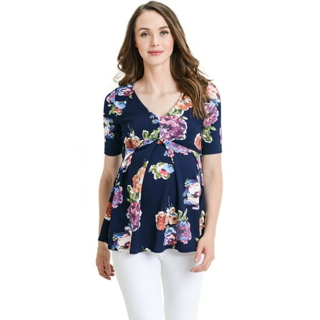 

LaClef Women s Floral and Polka Dot Pleated Peplum V Neck Maternity Top