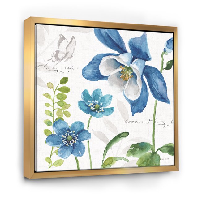 Fleurs Colombine Bleues avec Papillon - Toile Encadrée pour Cabane et Lodge