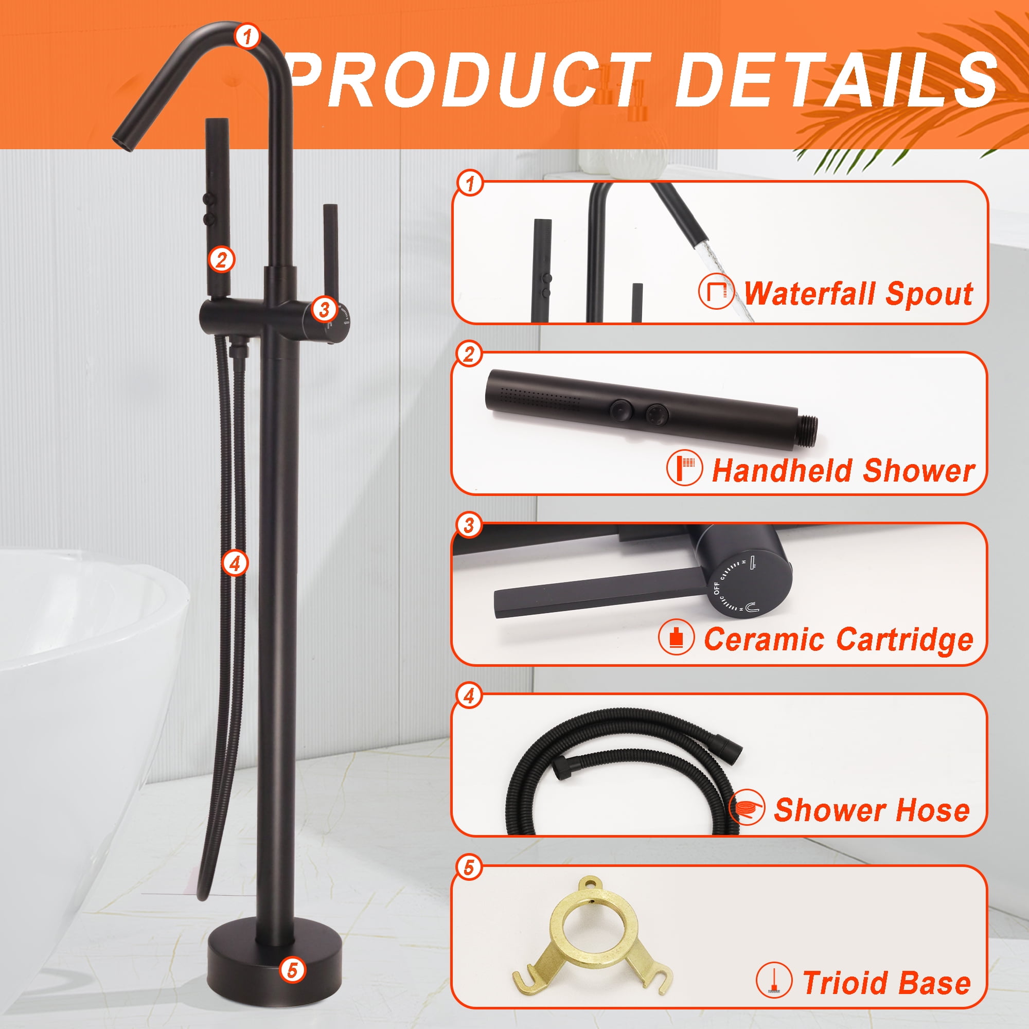 SUNRINX Freestanding Tub Faucet, Single Handle Free Freestanding Tub Faucet with Brass Two-Function Handshower, Max 6 GPM Floor Mount Tub Filler Bathtub Faucet with 360° Rotating Spout, Matte Black