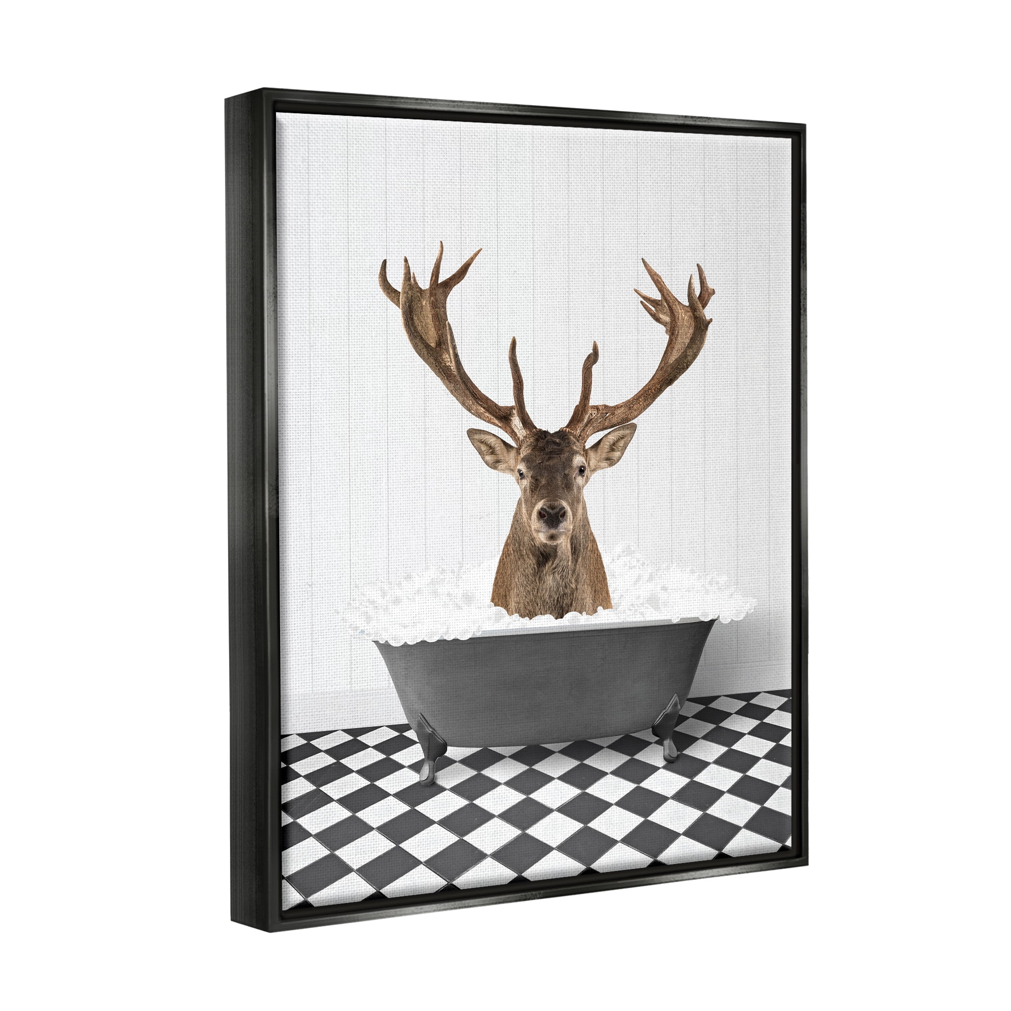 Stupell Industries Deer in Vintage Bathroom Animals & Insects Painting Black Floater Framed Art Print Wall Art, 17 x 21