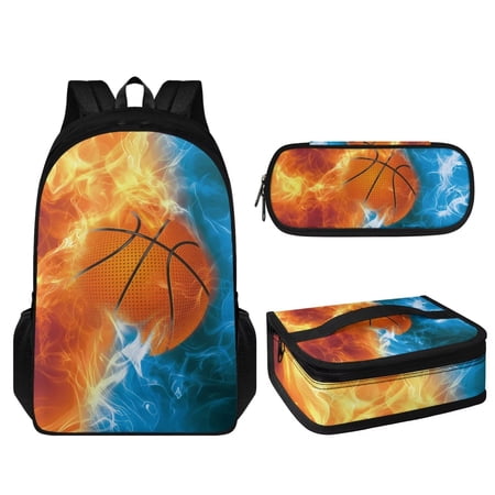 KUIFORTI Fire Basketball Print Lunch Pouch Ice Packs Large Capacity Lunch Bag School Backpack Tote Bag Satchel Food Container