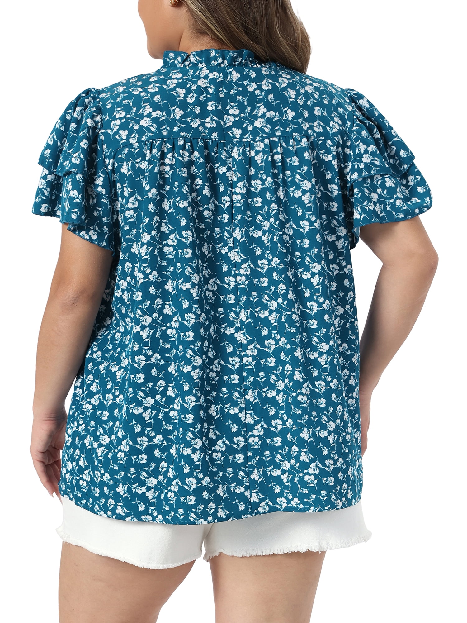 DARING DIVA Women's Plus Summer Ruffle V Neck Double Short Tops 3X Blue