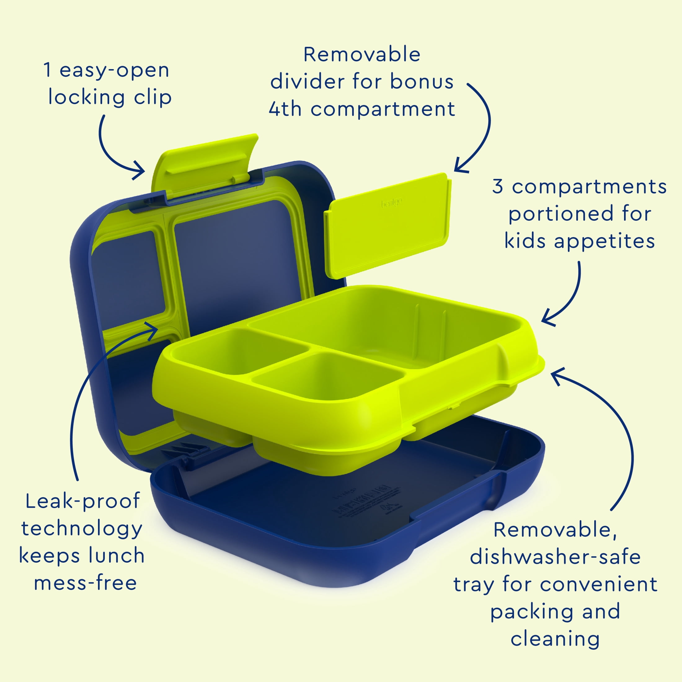 Bentgo® Pop - Leak-Proof Lunch Box & Removable Divider for Ages 8+ & Teens - Lunch Container Holds 5 Cups of Food; 3-4 Compartments; Microwave/Dishwasher Safe; 2 Year Warranty (Navy Blue/Chartreuse)