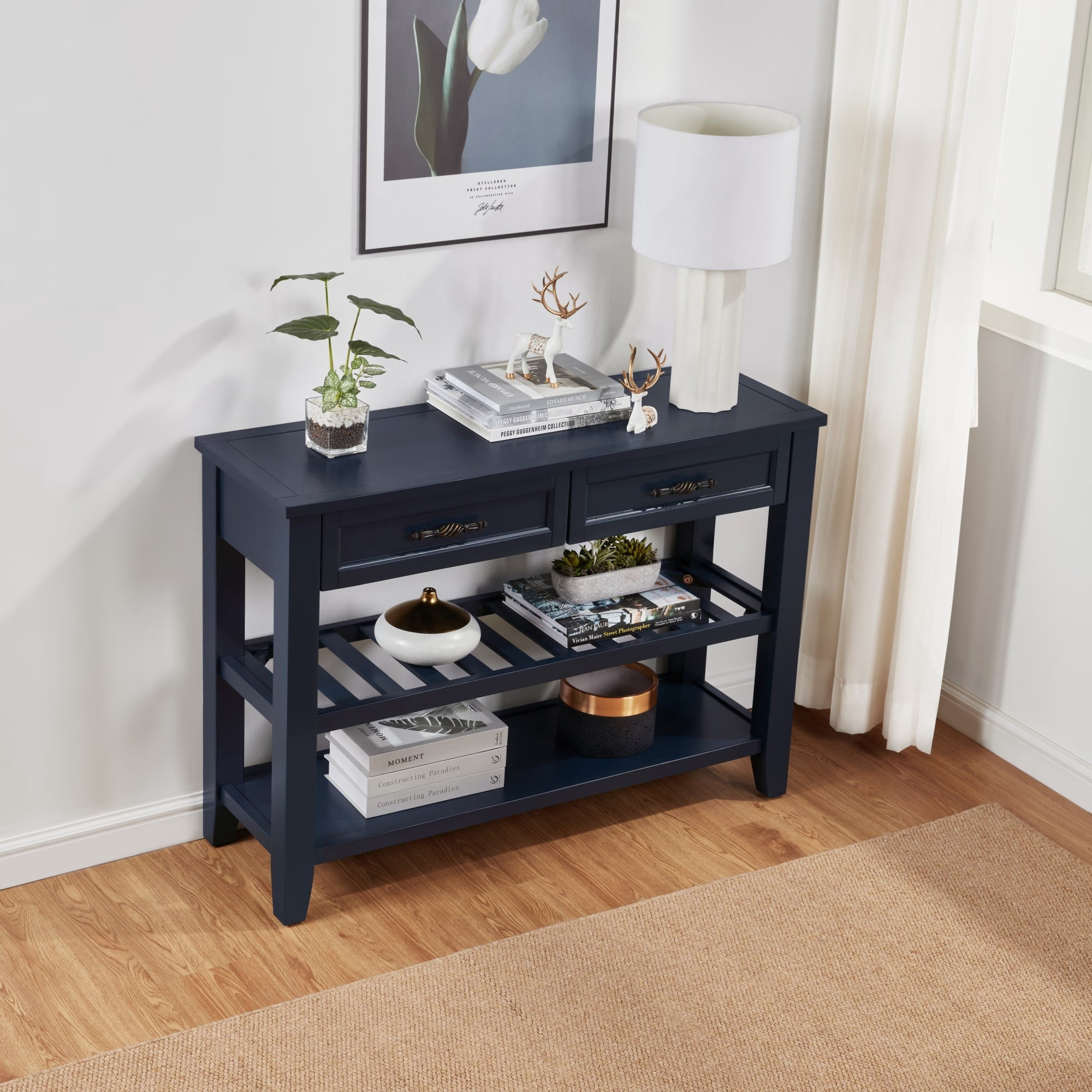 Retro Console Table with 2 Drawers & Open Shelves, Solid Pine Wood Entryway Table, Modern Accent Sofa Table for Living Room, Hallway, Bedroom, Navy Blue