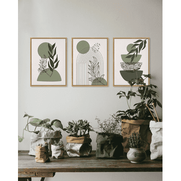 SHENIFY Green Boho Wall Art Prints Framed Wood Sage Wall Decor Mid Century Modern Abstract Geometric Artwork Natural Canvas Prints for Living Room Bedroom - 12x16in3pcs Neutral Framed